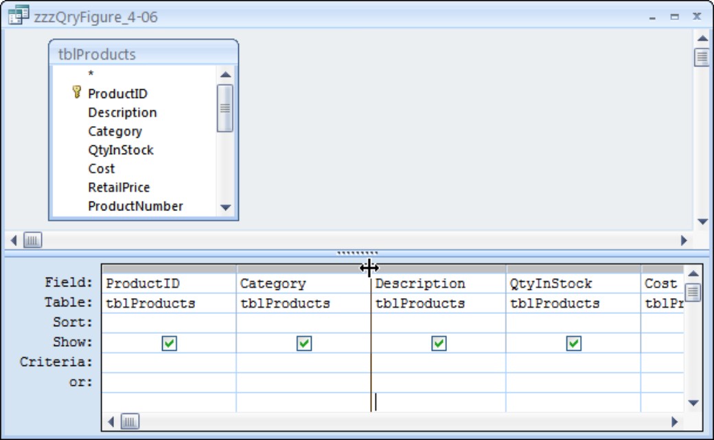 Resizing columns in the QBE grid